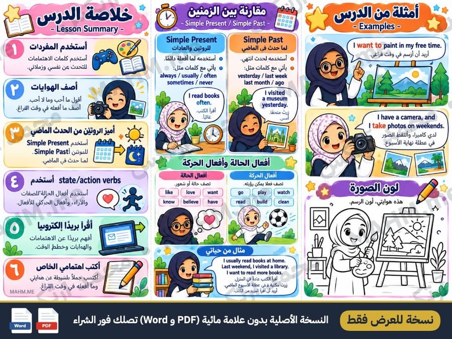 مطوية درس Personal Interests اللغة الإنجليزية الصف الخامس الابتدائي