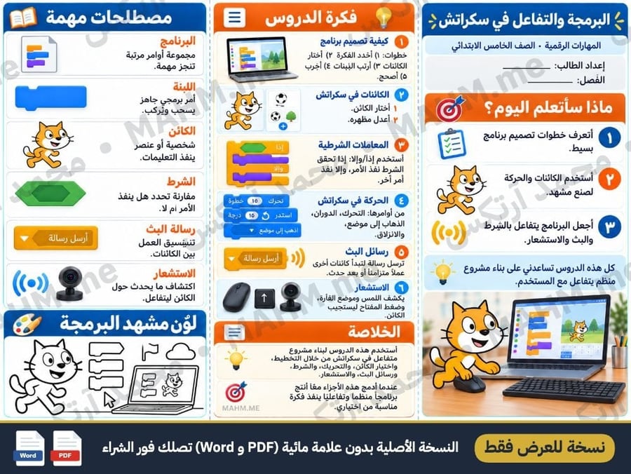 مطوية درس البرمجة والتفاعل في سكراتش المهارات الرقمية الصف الخامس
