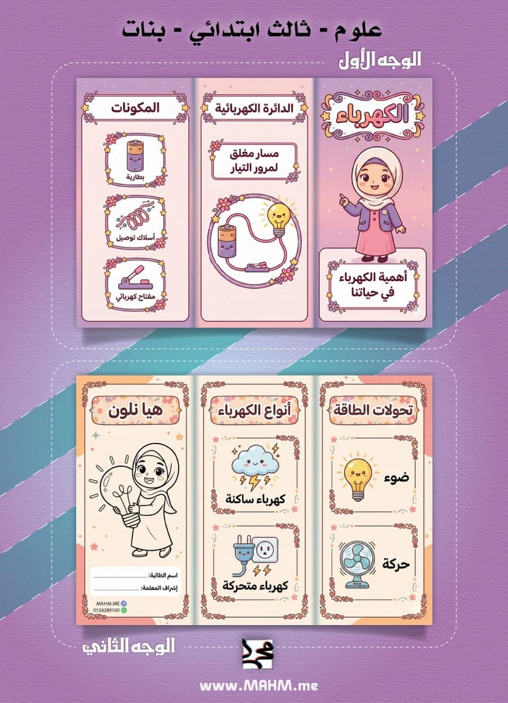 مطوية "الكهرباء" التفاعلية للبنات – رحلة علمية تضيء عقل أميرتك في مادة العلوم