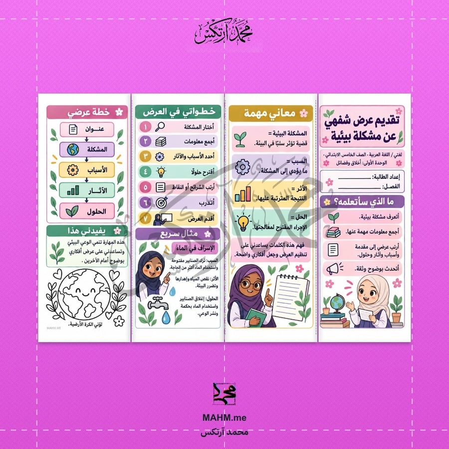 مطوية تقديم عرض شفهي عن مشكلة بيئية لغتي خامس بنات