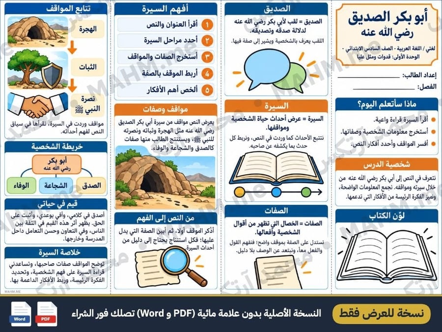 مطوية درس أبو بكر الصديق رضي الله عنه لغتي الصف السادس الابتدائي بنين
