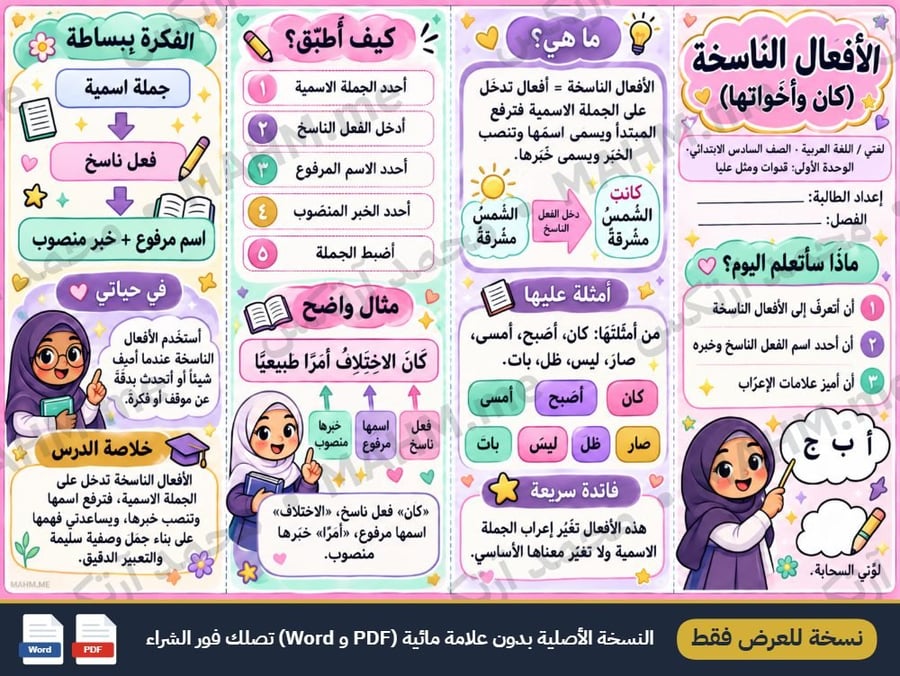 مطوية درس الأفعال الناسخة كان وأخواتها لغتي الصف السادس الابتدائي
