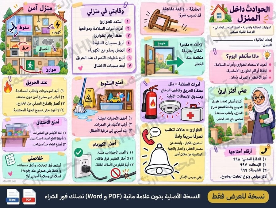 مطوية وورقة نشاط تلوين درس الحوادث داخل المنزل المهارات الحياتية