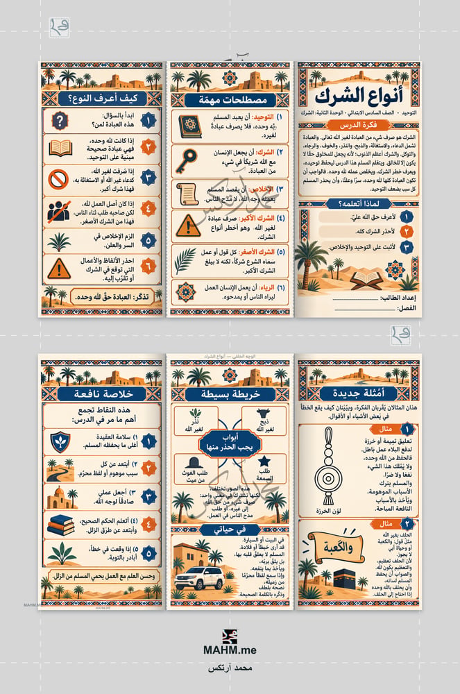 مطوية أنواع الشرك - توحيد الصف السادس الابتدائي