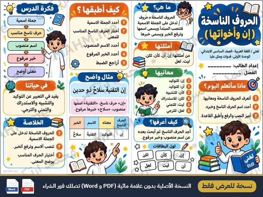 مطوية درس الحروف الناسخة إن وأخواتها لغتي الصف السادس الابتدائي بنين