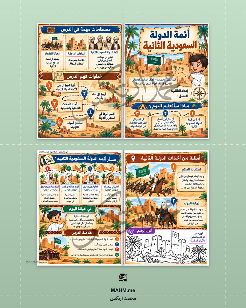 مطوية درس أئمة الدولة السعودية الثانية اجتماعيات الصف السادس بنين