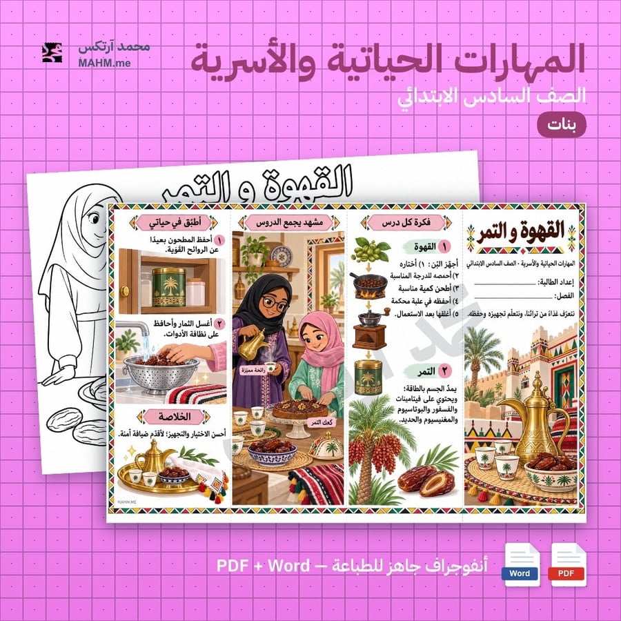مطوية درس القهوة والتمر المهارات الحياتية والأسرية الصف السادس
