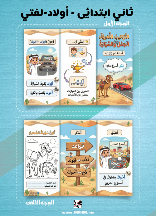 مطوية "التراكيب اللغوية" لدرس الجمل والسيارة – مهارات الأبطال في ورقة واحدة!