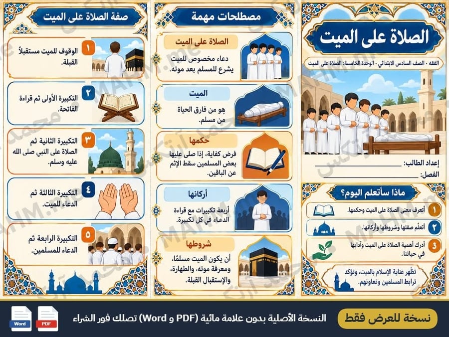 مطوية درس الصلاة على الميت الدراسات الإسلامية الصف السادس الابتدائي
