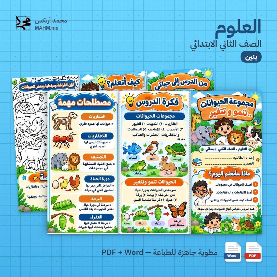 مطوية درس مجموعة الحيوانات تنمو وتتغير العلوم الصف الثاني الابتدائي