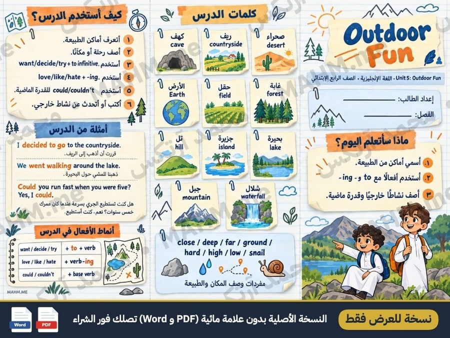 مطوية درس Outdoor Fun اللغة الإنجليزية الصف الرابع الابتدائي بنين