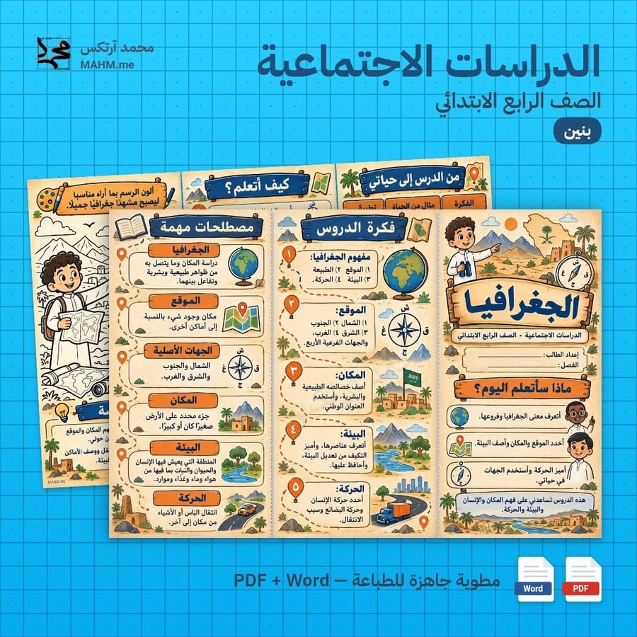 مطوية درس الجغرافيا الدراسات الاجتماعية الصف الرابع الابتدائي بنين