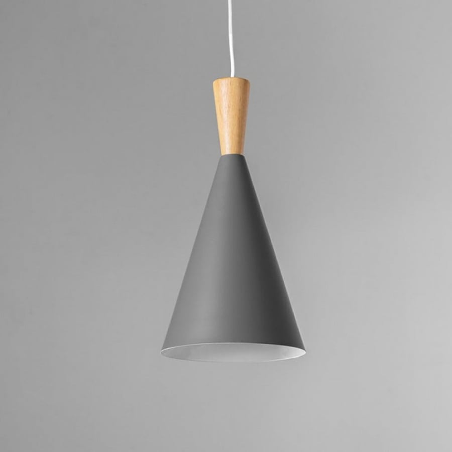 Single hanging chandelier in gray color and wooden base
