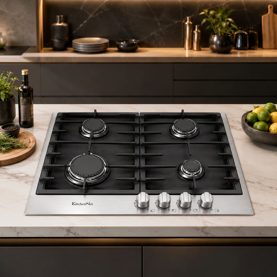 سطح كيتشن نت Kitchen Net شعلات 4 غاز أطراف السطح استانلس استيل سطح أستيل أسود مطفي مودرن موديل MP2201012