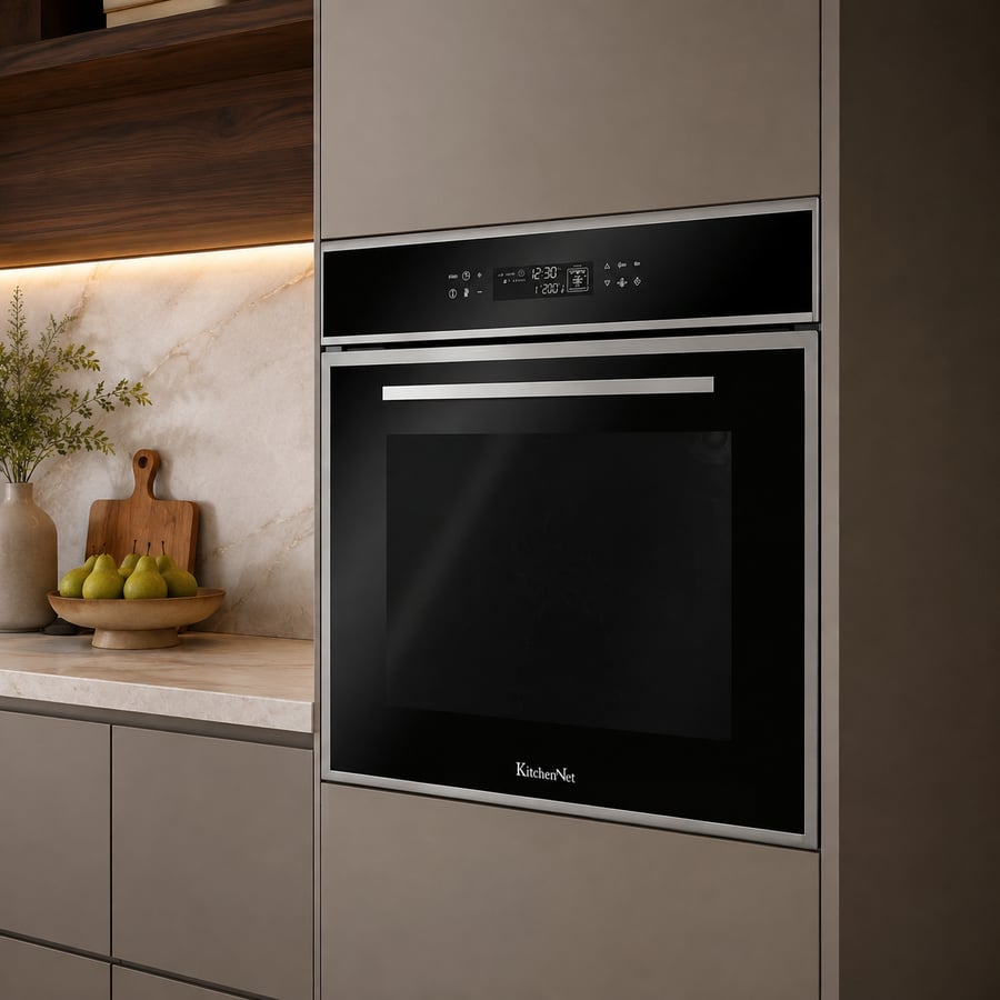 كيتشن نت Kitchen Net - فرن كهربائي 60 سم دجيتال - 1 1 وظيفة - 67 لتر - تحكم كامل باللمس - مروحه تبريد داخلية + مروحه توزيع حراره - جهاز امان للاطفال باب عازل للحراره تجويف داخلي و سهل التنظيف - الباب والزجاج الداخلي قابل للازاله - MP2202001
