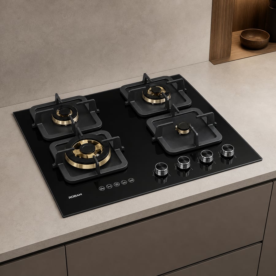 Robam ROBAM – black glass gas surface 60 cm size with high flame power 17MJ/h – four copper burners Black Gold + explosion-proof glass + balanced flame distribution with four-way air intake + flame failure protection – Model B420