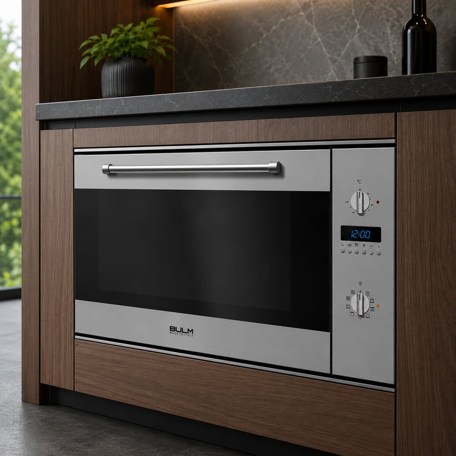 بولم BULM فرن بلت إن كهربائي إيطالي 90*50 سم – 9 وظائف طهي احترافية، تصميم ستانلس ستيل، شواية كهربائية ودوّارة، مروحة توزيع حرارة، مؤقت طبخ، باب زجاجي مزدوج سهل الإزالة، رفوف متعددة المستويات – B101-501X