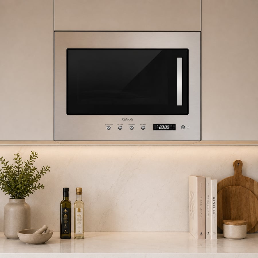 كيتشن نت Kitchen Net - ميكرويف بلت-إن 20 لتر مع شوايه - 6 برامج - الطاقه 700 واط للميكرويف - 800 واط للشوايه - قفل للاطفال - تجويف داخلي من الستانلس ستيل ( المقاس  60 * 38 سم )  - JN2204003
