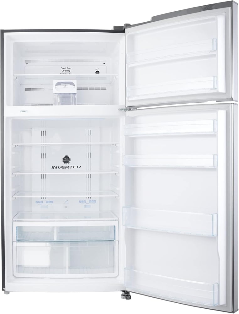 Hitachi - double door refrigerator, with top freezer and large capacity 24.8 cubic feet, frost-free, equipped with adjustable glass shelves, energy-saving inverter compressor, LED display, freestanding design in luxurious silver color, 5-star energy effic