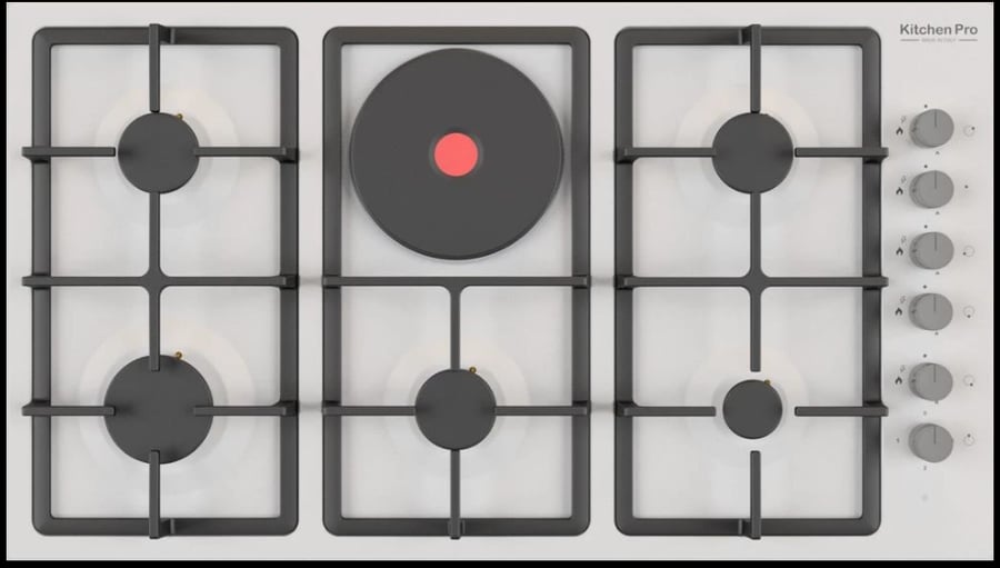 سطح كيتشن برو kitchen pro  (5 شعلات غاز + 1 عين كهرباء حجر)  عين ثلاثيه  اسفل اليسار - اشعال ذاتى مع كل مفتاح -  شبك من الحديد الزهر شدبد التحمل - امان تام لقطع الغاز في حالة اطفاء الشعلة - KP9023/GA
