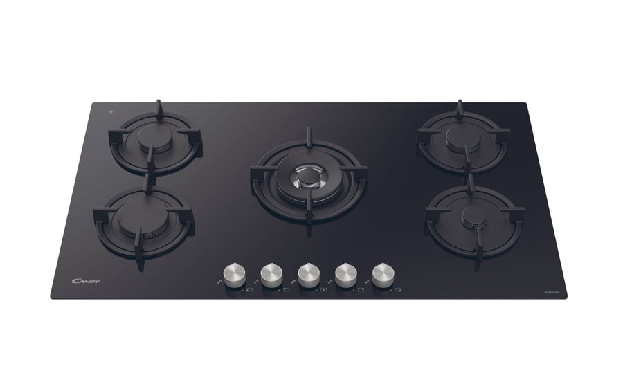 Candy built-in surface stove 90 cm size 5 gas burners iron grid metal switches Italian manufacturing black glass - CVG938WPB SASO