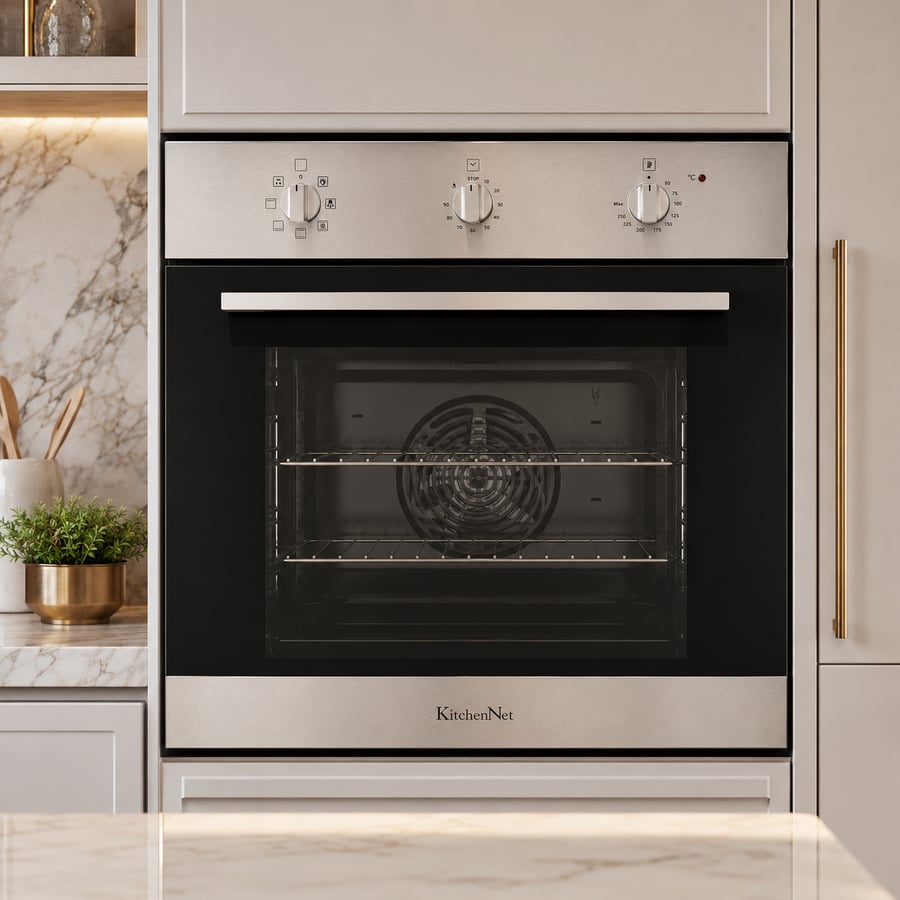 فرن كيتشن نت Kitchen Net كهرباء 60 سم بلت-إن 7 وظائف استيل ايطالي - 67 لتر 3 مفاتيح للتحكم - مروحه تبريد داخلية - مروحه توزيع حراره - اقفال الباب هيدروليك - MP2202003