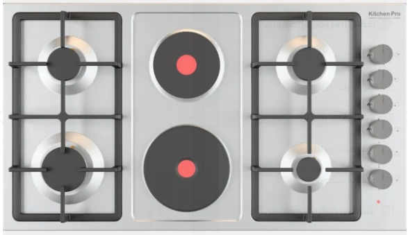 سطح كيتشن برو kitchen pro شعلات 6 (4 شعلات غاز + 2 شعله كهرباء حجر) عين ثلاثيه  اسفل اليسار - اشعال ذاتى مع كل مفتاح  - شبك من الحديد الزهر شدبد التحمل - امان تام لقطع الغاز في حالة اطفاء الشعلة - KP9021/GA