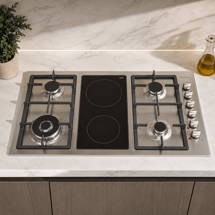 كيتشن نت Kitchen Net - سطح 6 شعلات منها 4 غاز _ 2 عين سيراميك كهرباء – 90 سم - اشعال ذاتي بكبسه زر واحده    شبك هيفي ديوتي ثقيل    صمان أمان كامل    مفاتيح امامية - صناعة ايطالية - MP2201004