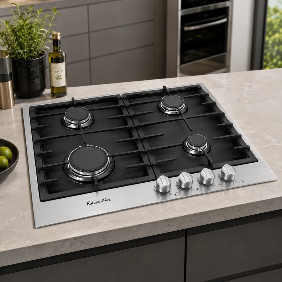 سطح كيتشن نت Kitchen Net شعلات 4 غاز أطراف السطح استانلس استيل سطح أستيل أسود مطفي مودرن موديل MP2201012
