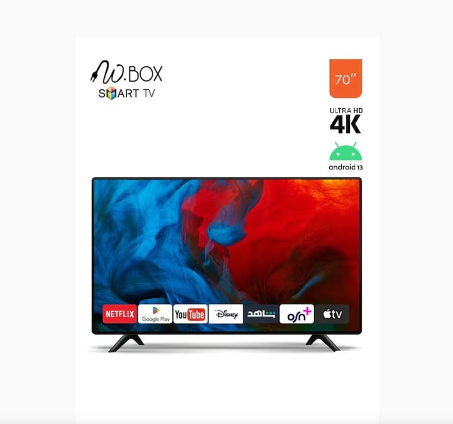 شاشة دبليو بوكس سمارت - اندرويد 13 - 70 بوصة - 4K UHD - مع حامل جداري و رسيفر داخلي - KT70UH