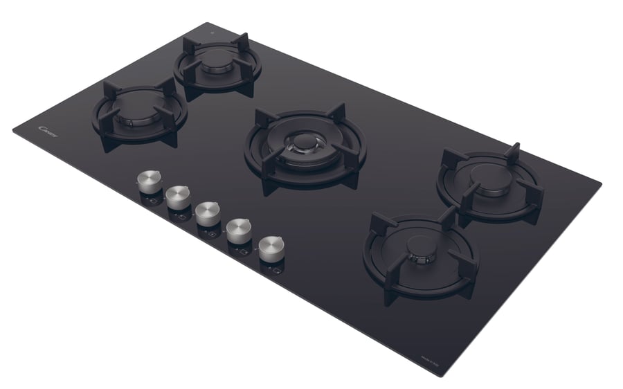 Candy built-in surface stove 90 cm size 5 gas burners iron grid metal switches Italian manufacturing black glass - CVG938WPB SASO