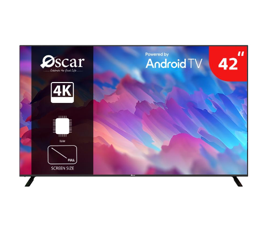 أوسكار Oscar شاشة ذكية 42 بوصة – دقة Full HD 1080p × نظام أندرويد × دعم Netflix وYouTube × تقنية HDR × معالج رباعي النواة × واي فاي وبلوتوث × صوت محيطي 2.0 × تصميم نحيف قابل للتثبيت الجداري – LED أنيقة باللون الأسود – موديل OS42ASFHDR