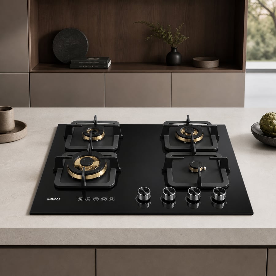 Robam ROBAM – black glass gas surface 60 cm size with high flame power 17MJ/h – four copper burners Black Gold + explosion-proof glass + balanced flame distribution with four-way air intake + flame failure protection – Model B420