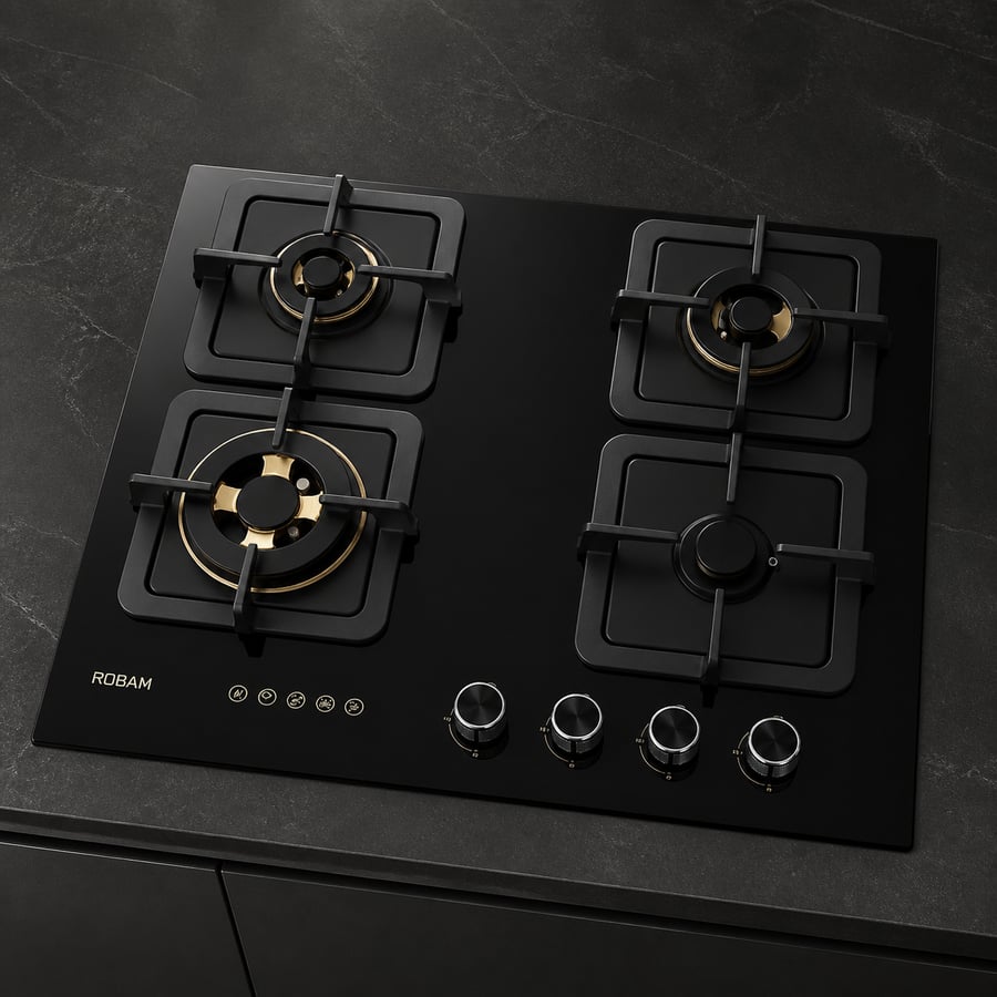 Robam ROBAM – black glass gas surface 60 cm size with high flame power 17MJ/h – four copper burners Black Gold + explosion-proof glass + balanced flame distribution with four-way air intake + flame failure protection – Model B420