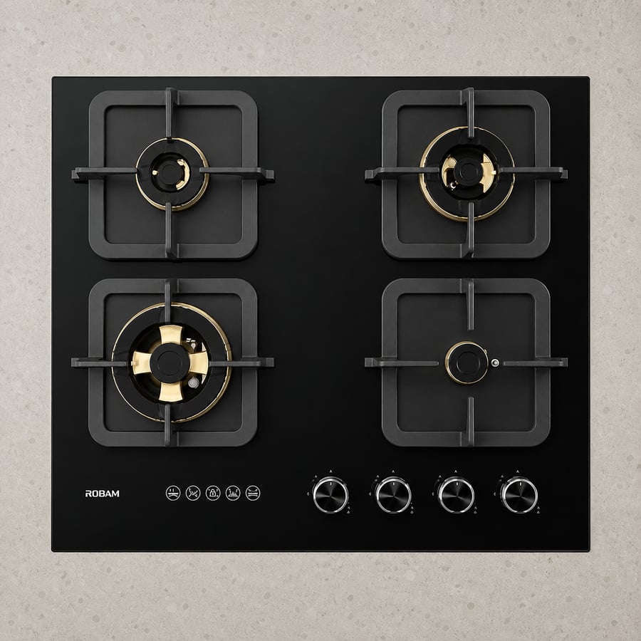 Robam ROBAM – black glass gas surface 60 cm size with high flame power 17MJ/h – four copper burners Black Gold + explosion-proof glass + balanced flame distribution with four-way air intake + flame failure protection – Model B420