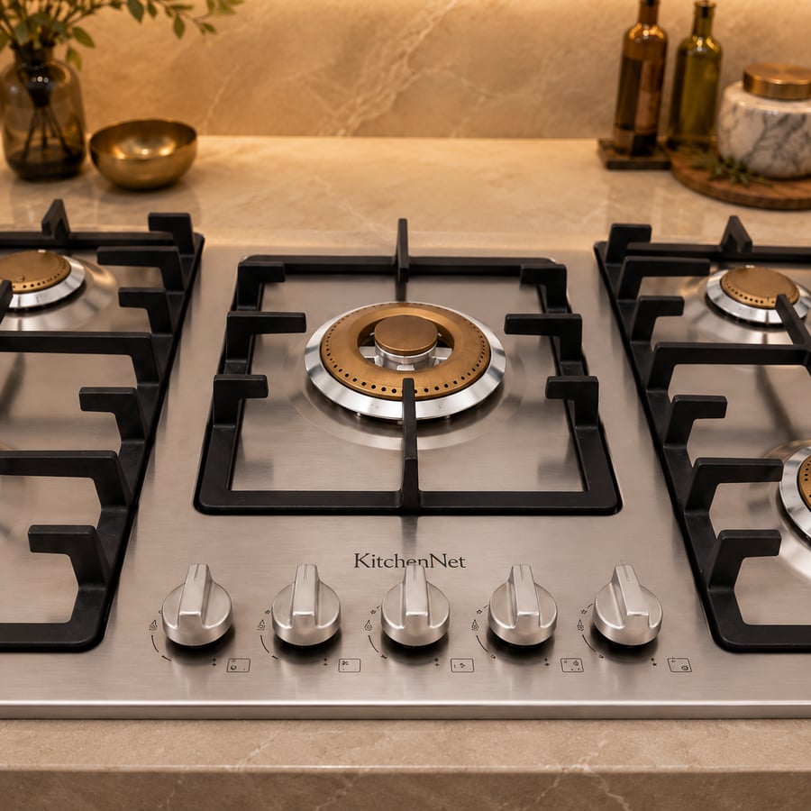 كيتشن نت Kitchen Net – سطح بلت ان –5 شعلات غاز (نحاس) شعلة اضافية (مزدوجة) - صمام أمان كامل - خاصية الاشعال الذاتي - قفل سلامة تلقائي للجهاز–  90 سم - ايطالي - MP2201011