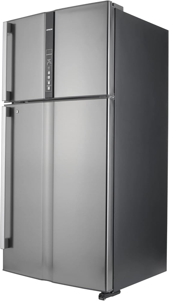 Hitachi - double door refrigerator, with top freezer and large capacity 24.8 cubic feet, frost-free, equipped with adjustable glass shelves, energy-saving inverter compressor, LED display, freestanding design in luxurious silver color, 5-star energy effic