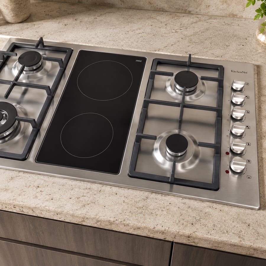 كيتشن نت Kitchen Net - سطح 6 شعلات منها 4 غاز _ 2 عين سيراميك كهرباء – 90 سم - اشعال ذاتي بكبسه زر واحده    شبك هيفي ديوتي ثقيل    صمان أمان كامل    مفاتيح امامية - صناعة ايطالية - MP2201004
