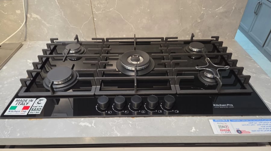 سطح كيتشن برو kitchen pro - سطح 5 عين غاز كريستال شبك متصل هيفي ديوتي -مفاتيح امامي إيطالي - KP911/GAM