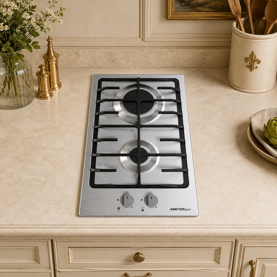 Master Gas - Built-in stove 30 cm - 2 gas burners • Heavy grate - Front control knobs - Self-ignition - Full safety - Color: Stainless Steel - Made in Turkey - MGBL151