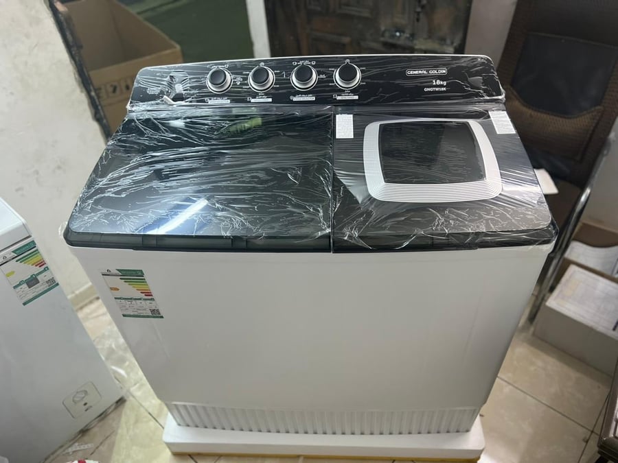غسالة جنرال جولدن نصف أوتوماتيك حوضين 18 كجم ,ابيض/ اسود ، موديل GNGTW18K