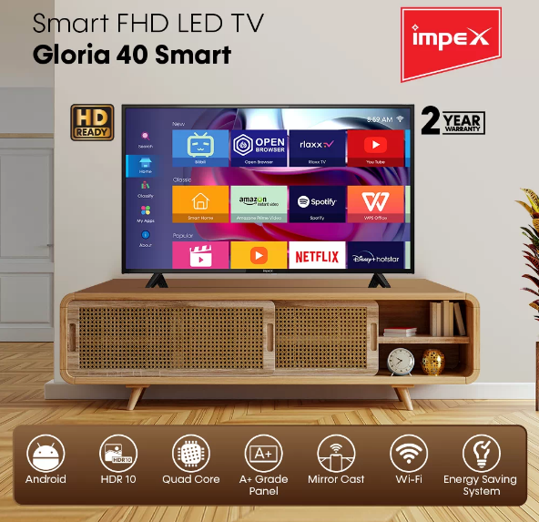 امبيكس شاشة سمارت 40 بوصة بدقة 4K UHD، أندرويد 14، تصميم بدون إطار، واي فاي و3 منافذ HDMI – موديل IMPEX GLORIA 40 - 14