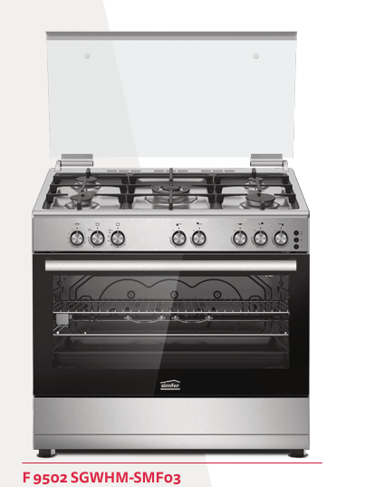 Simfer oven 5 gas burners, size 60×90 cm, full safety - wide matte grid - grill, 3 glass layers, automatic ignition, timer, cooling fan, eye light, stainless steel, Turkish - F9502SGWHM-SMF03
