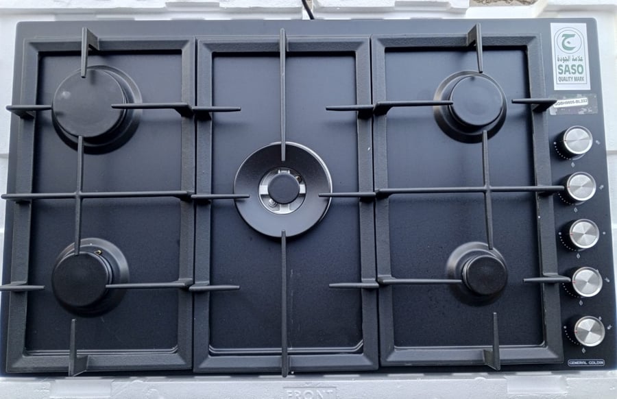 General Golden - Level 5 gas burners black stainless steel - large eye in the middle - 90 cm - side control switches - heavy grate - safety valve with auto ignition - Sabaf Italian burners made in Turkey - SWBH9605-BL222