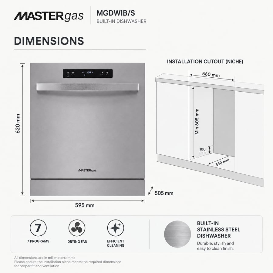 Built-in dishwasher MASTERgas Master Gas - stainless steel - 7 programs - 2 racks - ozone sterilization system - drying fan - MGDWIB/S