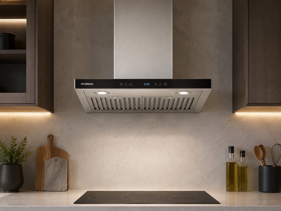Hyundai wall-mounted extractor fan T-shaped suction power 1200 m3/h - signal control, touch control, black glass with glass front + stainless steel, baffle strip filters with oil collection cup, metal motor - HY-03-60