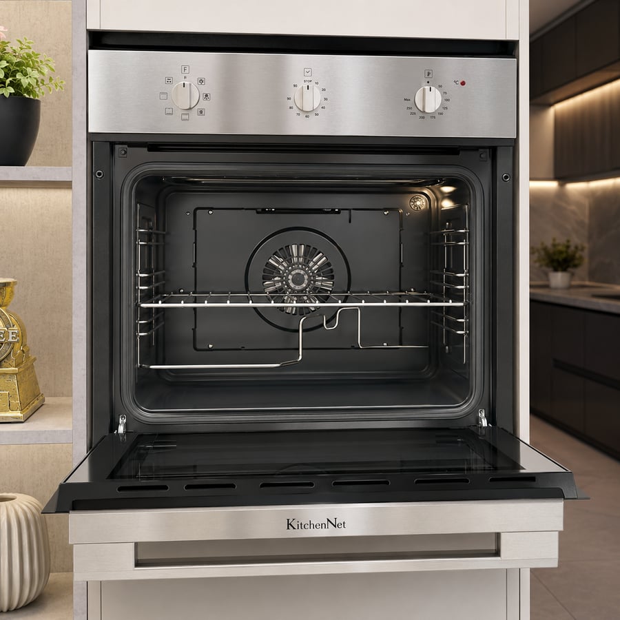 فرن كيتشن نت Kitchen Net كهرباء 60 سم بلت-إن 7 وظائف استيل ايطالي - 67 لتر 3 مفاتيح للتحكم - مروحه تبريد داخلية - مروحه توزيع حراره - اقفال الباب هيدروليك - MP2202003