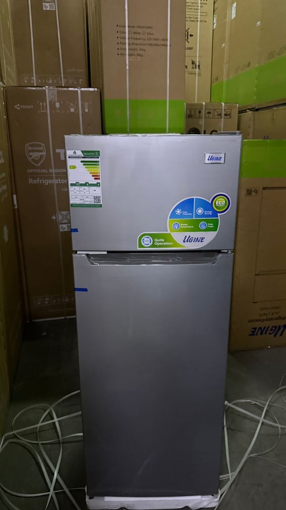 Eugene refrigerator with two doors, stainless steel color, height 7.4 feet, model URM216MD