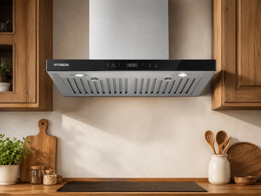 Hyundai wall-mounted extractor fan T-shaped suction power 1200 m3/h - signal control, touch control, black glass with glass front + stainless steel, baffle strip filters with oil collection cup, metal motor - HY-03-60