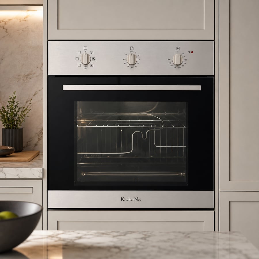 فرن كيتشن نت Kitchen Net كهرباء 60 سم بلت-إن 7 وظائف استيل ايطالي - 67 لتر 3 مفاتيح للتحكم - مروحه تبريد داخلية - مروحه توزيع حراره - اقفال الباب هيدروليك - MP2202003